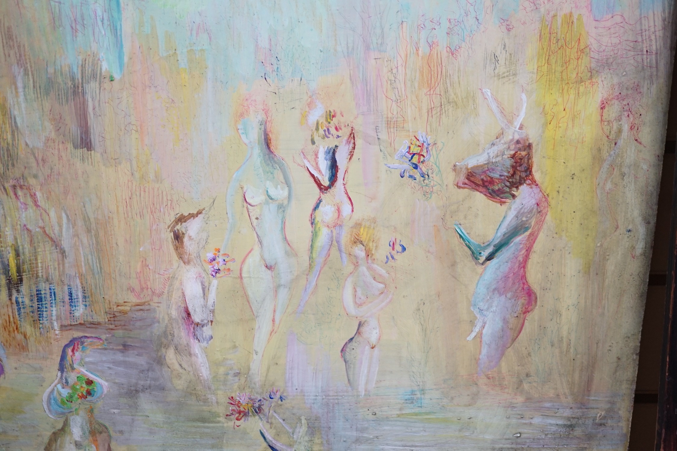 Pinder, three oils, 'Nudes bathing', 'Park scene' and 'Fireworks at night', signed, largest 60 x 91cm (a.f.)